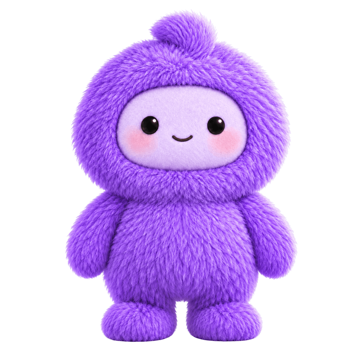 Fluff, a purple furry character, standing with both arms at his sides